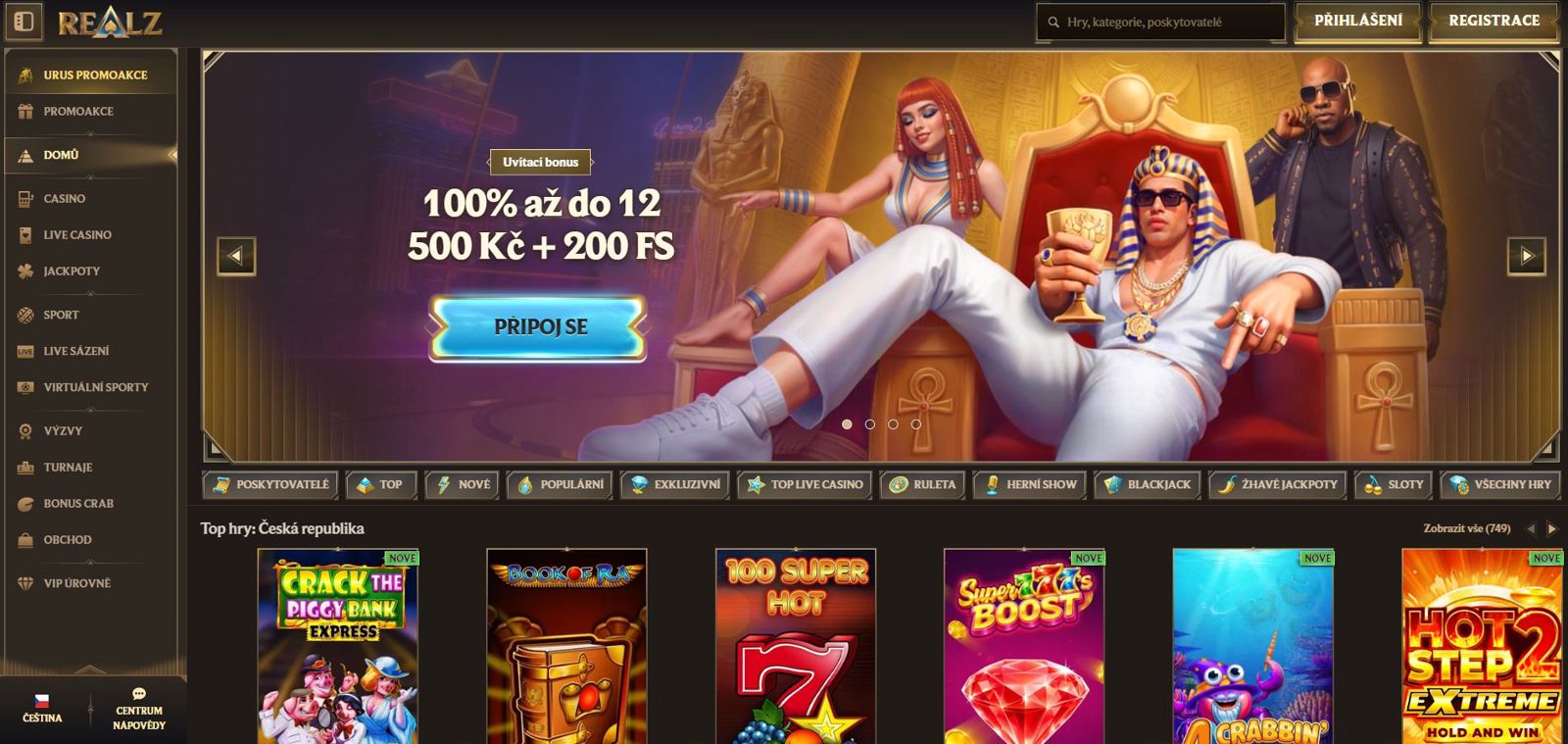 Ukázka hlavní stránky online kasina Realz